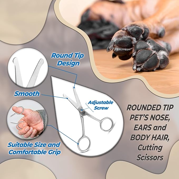 ARSUK Dog Grooming Scissors with Rounded Tip – 4.5" Safety Scissors for Face, Paw, Nose, Ear Hair – Stainless Steel Small Pet Trimmer for Cats, Dogs, Puppies – Safe for Sensitive Areas