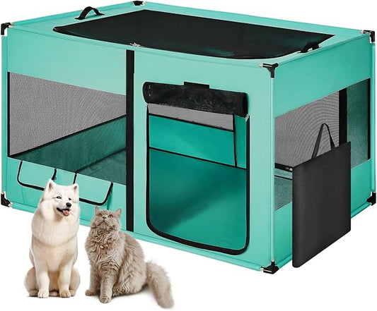 Dog Playen, Portable Dog Play Pen for Dogs and Cats, Metal Dog Playpen with Fabric Cover, Pet Play Pen for Indoors/Outdoors, Foldable Pet Playpen for Indoor Cats Enclosed, Green, Jumbo