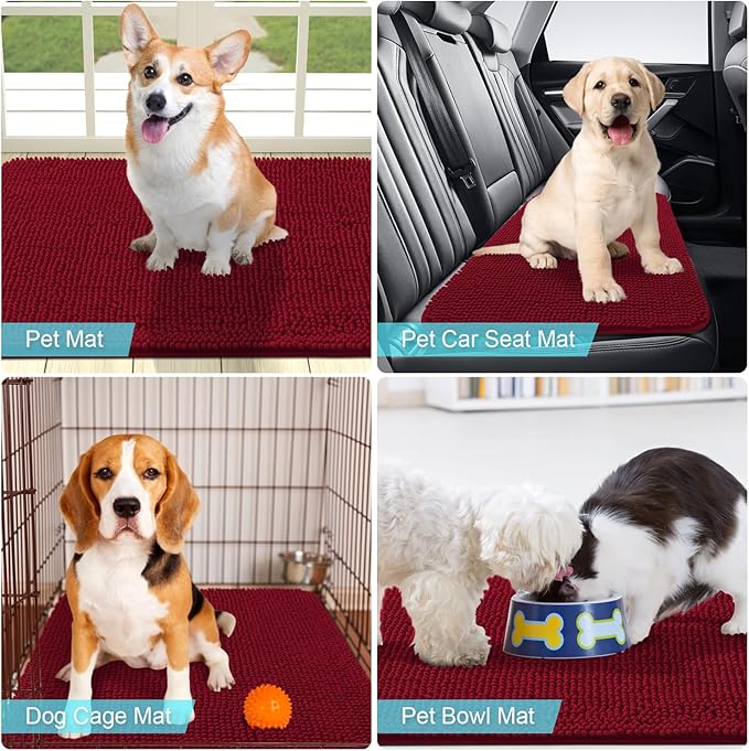 OLANLY Dog Door Mat for Muddy Paws 24x16, Absorbs Moisture and Dirt, Absorbent Non-Slip Washable Mat, Quick Dry Chenille, Mud Mat for Dogs, Entry Indoor Door Mat for Inside Floor, Red