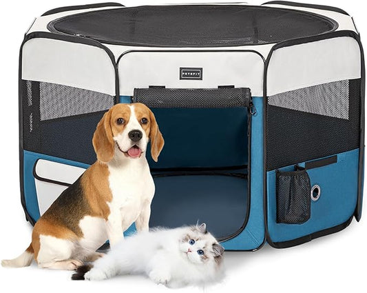 PETSFIT Dog Play Pen,36" Dia Dog Playpen Indoor/Outdoor, Pet Playpen for Cats Puppies&Small Animals-Removable Zipper Mesh Top Cover& Leakproof Bottom(36"x36"x21"H)