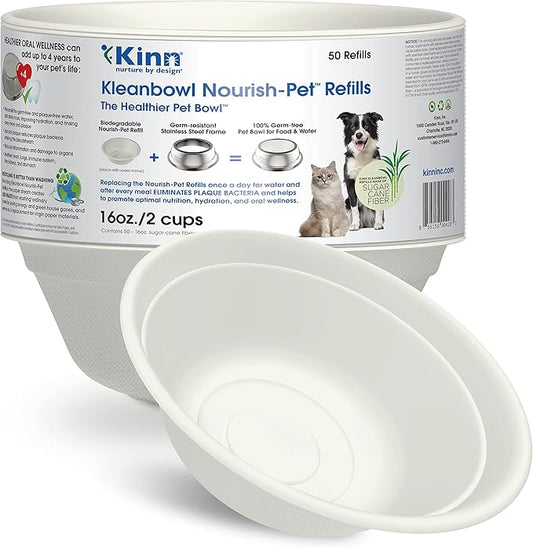 Kinn Kleanbowl Disposable Dog Food Bowls, 16 oz (Pack of 50) - Frame System Refills, Use for Travel, Boarding, or Crate, Compostable Pet Travel Bowl, No Plastic, Leakproof, Portable Dog Dish