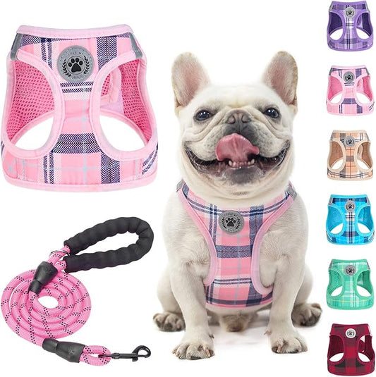 BEAUTYZOO Small Dog Harness and Leash Set,Step in No Chock No Pull Soft Mesh Dog Harnesses Reflective for Extra-Small/Small Medium Puppy Dogs and Cats, Plaid Dog Vest Harness for XS S Pets, Pink M