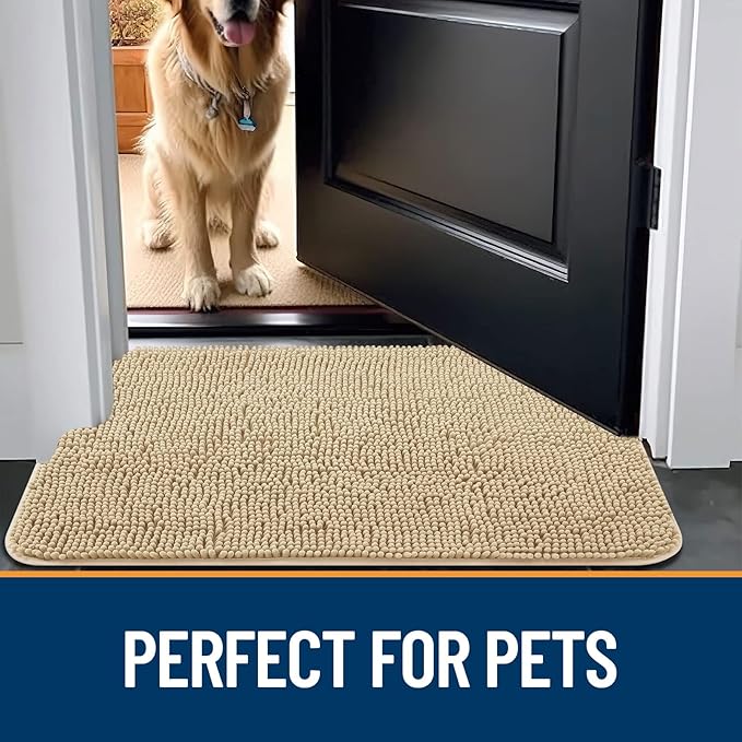 OLANLY Dog Door Mat for Muddy Paws 30x20, Absorbs Moisture and Dirt, Absorbent Non-Slip Washable Mat, Quick Dry Chenille, Mud Mat for Dogs, Entry Indoor Door Mat for Inside Floor, Beige