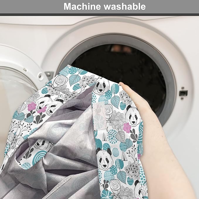 Lunarable Panda Dog Crate Cover, Portraits of Chinese Bears on Sketch Flowers and Abstract Circular Shapes, Easy to Use Pet Kennel Cover for Cats & Medium Dogs, 24 Inch, Slate Blue Pink Grey