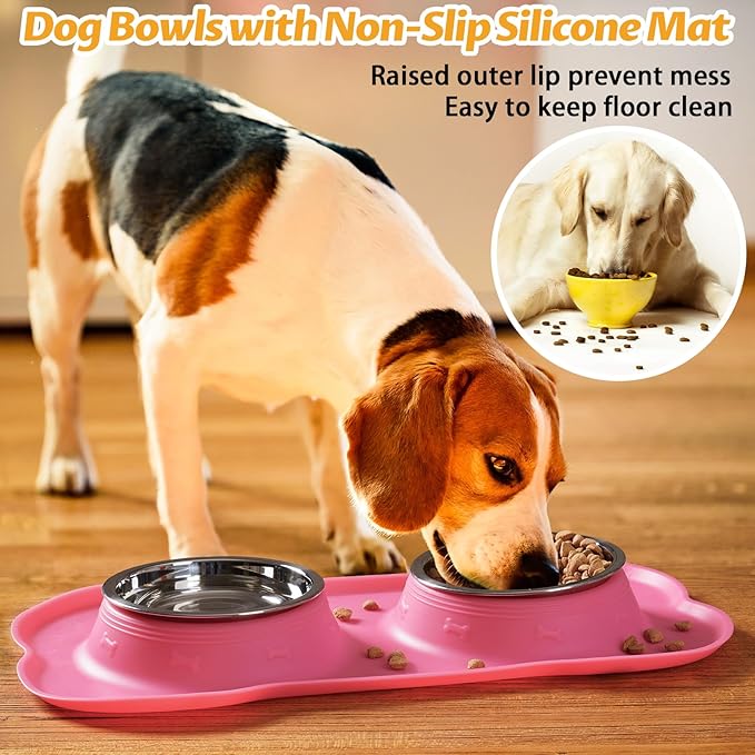 Hubulk Pet Dog Bowls 2 Stainless Steel Dog Bowl with No Spill Non-Skid Silicone Mat + Pet Food Scoop Water and Food Feeder Bowls for Feeding Small Medium Large Dogs Cats Puppies (M, Pink)