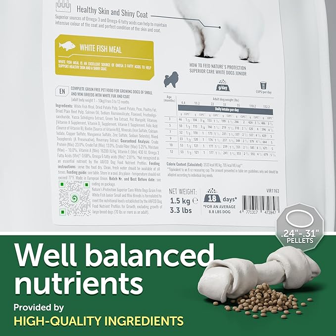 Nature's Protection Superior Care White Dogs Grain-Free Dry Dog Food for Junior Light Coated Dogs, White Fish, 3.3 lbs.