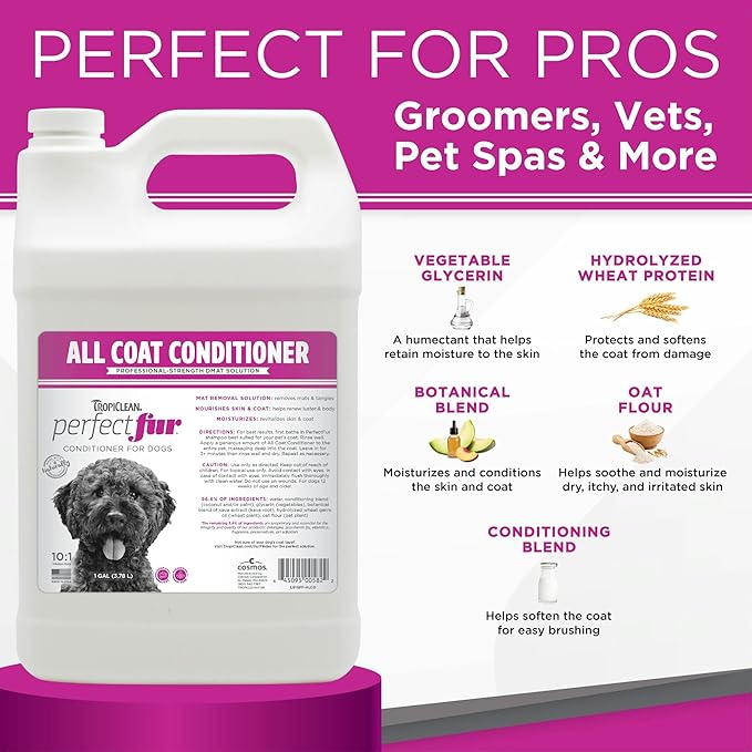 TropiClean PerfectFur Dog Conditioner for All Coats| 10:1 Concentrated Groomer Gallon| Made in The USA| 1 Gallon