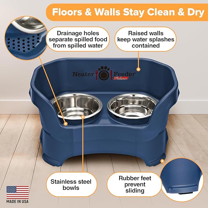Neater Feeder Deluxe Mess Proof Dog Bowls Elevated Medium Sized Dog Breed – Made in USA – No Spill Raised Dog Food Bowl Stand – Stainless Steel Food and Water Bowl Set, Pet Feeding Station, Dark Blue