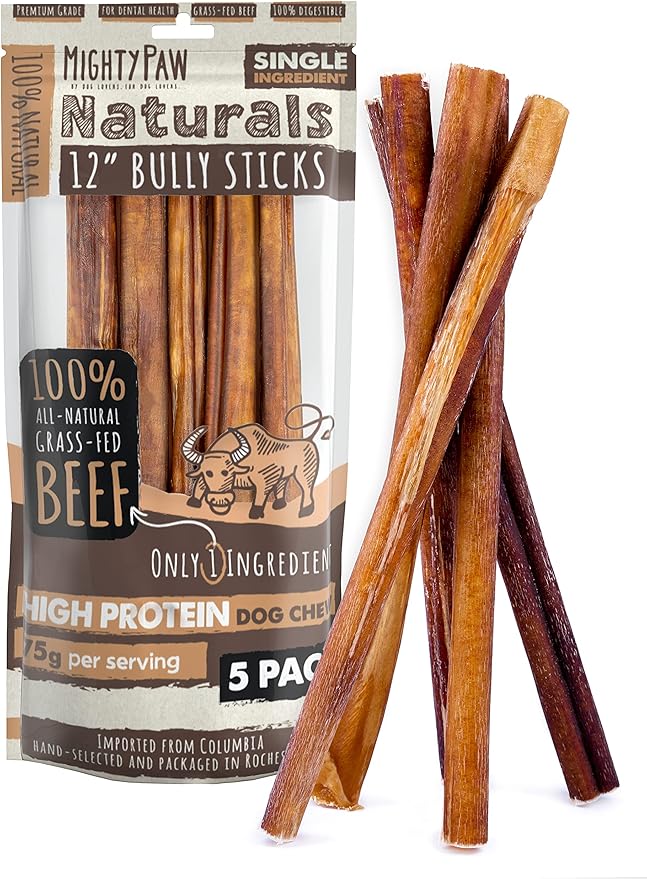 Mighty Paw Naturals 12" Bully Sticks for Dogs - Grass Fed Beef Dog Chews. Dog Bully Sticks for Large Dogs, Medium and Small Breeds. Lower Odor Bully Sticks for Small Dogs. Single Ingredient