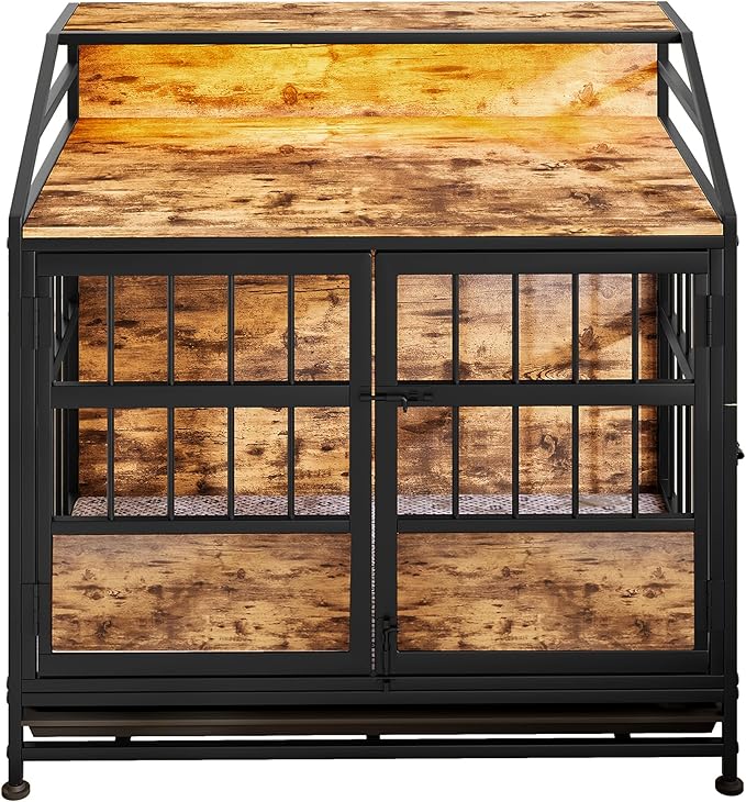 Ball & Cast 20" Multi-Function Dog Crate Furniture with Storage,3-Door Access Wooden Kennel for 11-25 lbs Dogs,Double Doors with Pull-Out Tray,Waterproof Indoor Pet House,Easy Assembly,Black Brown