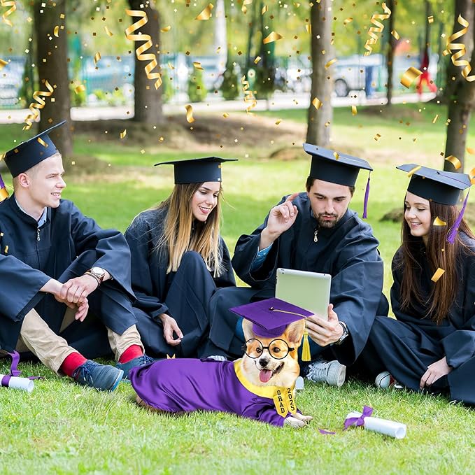 5 Pcs Dog Graduation Costume Set Include 2025 Pet Graduation Gown with Stole Puppy Grad Cap Lensless Glasses DIY Letter Stickers for Dogs Cats Holiday Costume Accessory(Purple Yellow,S)