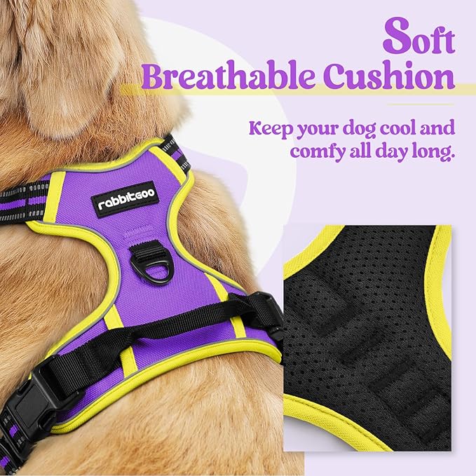rabbitgoo Dog Harness, No-Pull Pet Harness with 2 Leash Clips, Adjustable Soft Padded Dog Vest, Reflective No-Choke Pet Oxford Vest with Easy Control Handle for Large Dogs, Purple & Yellow, S