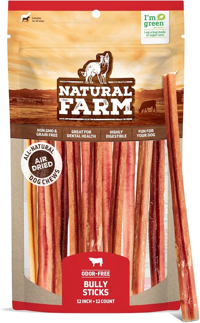 Natural Farm Odor-Free Bully Sticks (12 Inch, 12 Pack), 1.2 lbs. Per Bag, 100% Beef Pizzle Chews, Grass-Fed, Non-GMO, Fully Digestible Long Lasting Best Dental Treats to Keep Your Dogs Busy