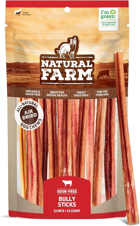 Natural Farm Odor-Free Bully Sticks (12 Inch, 12 Pack), 1.2 lbs. Per Bag, 100% Beef Pizzle Chews, Grass-Fed, Non-GMO, Fully Digestible Long Lasting Best Dental Treats to Keep Your Dogs Busy