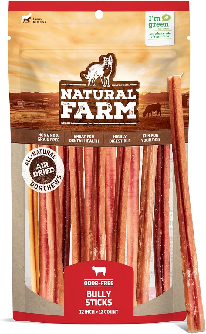 Natural Farm Odor-Free Bully Sticks (12 Inch, 12 Pack), 1.2 lbs. Per Bag, 100% Beef Pizzle Chews, Grass-Fed, Non-GMO, Fully Digestible Long Lasting Best Dental Treats to Keep Your Dogs Busy