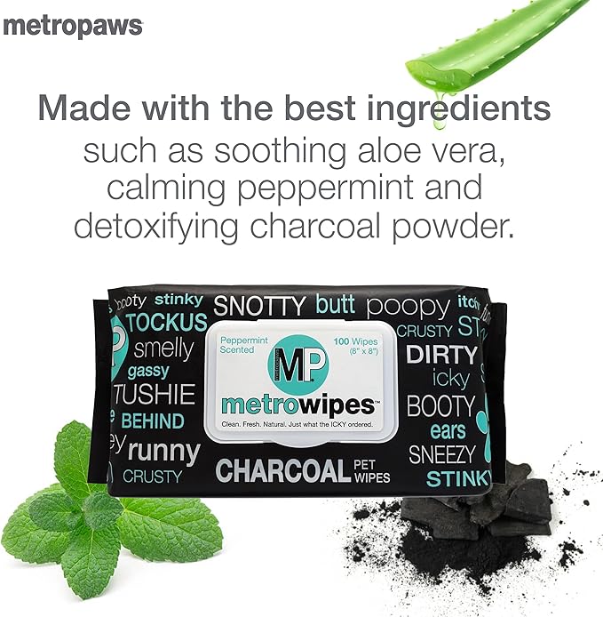 MetroPaws Peppermint Scented Charcoal Dog Wipes, 25 Extra Large & Thick Cleaning Wipes Ideal for Cats and Dogs, for Paws, Butt, Ears and Eyes