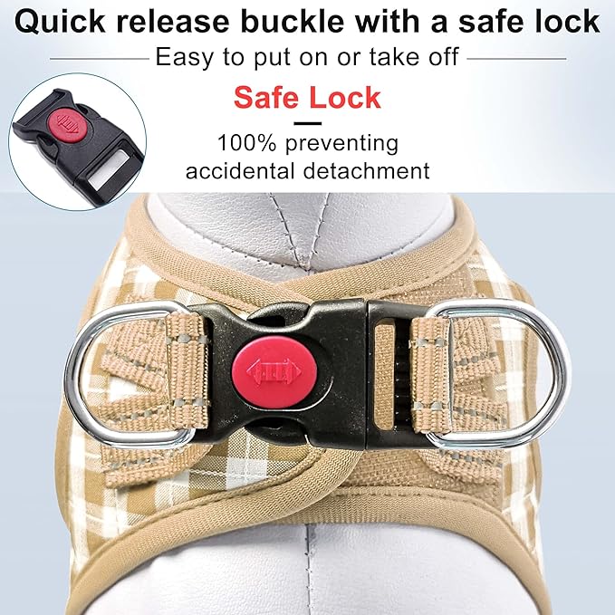 Dog Harness Step-in Breathable Puppy Cat Dog Vest Harnesses for Small Medium Dogs Beige Checkered