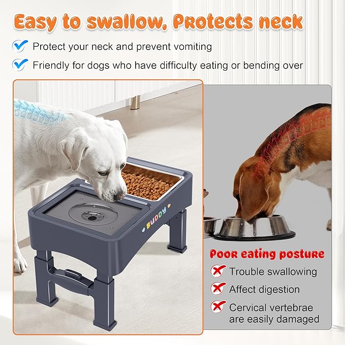 DecFlow 3-in-1 Elevated Dog Bowls - 4 Height Adjustable, Stainless Steel, Slow Feeder, No Spill Water Bowl, Foldable for Medium Large Dogs