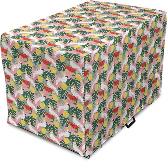Ambesonne Summer Dog Crate Cover, Cockatoo Parrot in Exotic Forest Watermelon Slices Monstera Lemons Pattern, Easy to Use Pet Kennel Cover for Cats & Medium Dogs, 30 Inch, Rose and Multicolor