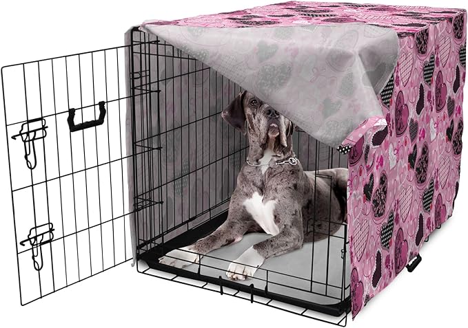 Lunarable Hearts Dog Crate Cover, Sewing Themed Love with Polka Dots Valentine's Day Inspired Image, Easy to Use Pet Kennel Cover for Medium Large Dogs, 48 Inch, Pink Black White