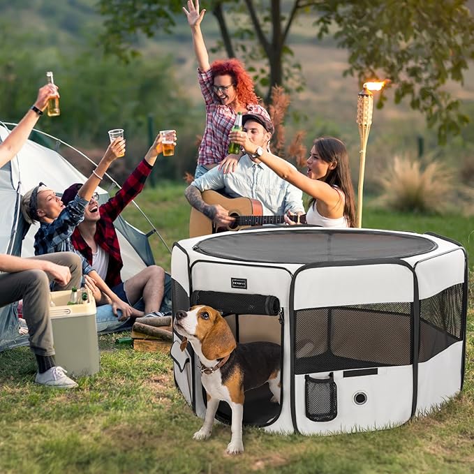 PETSFIT Portable Dog Playpen, 29" Dia Puppy Playpen with Zipper Removable Mesh Top Cover and Leakproof Playpen Bottom Mat-Cat Playpen Indoor/Outdoor for Cats,Dogs&Small Animals