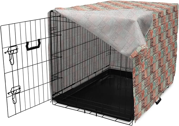 Lunarable Geometric Dog Crate Cover, Western Style Floral Motifs with Vintage Look in Checks, Easy to Use Pet Kennel Cover for Small Dogs Puppies Kittens, 18 Inch, Brown Vermilion