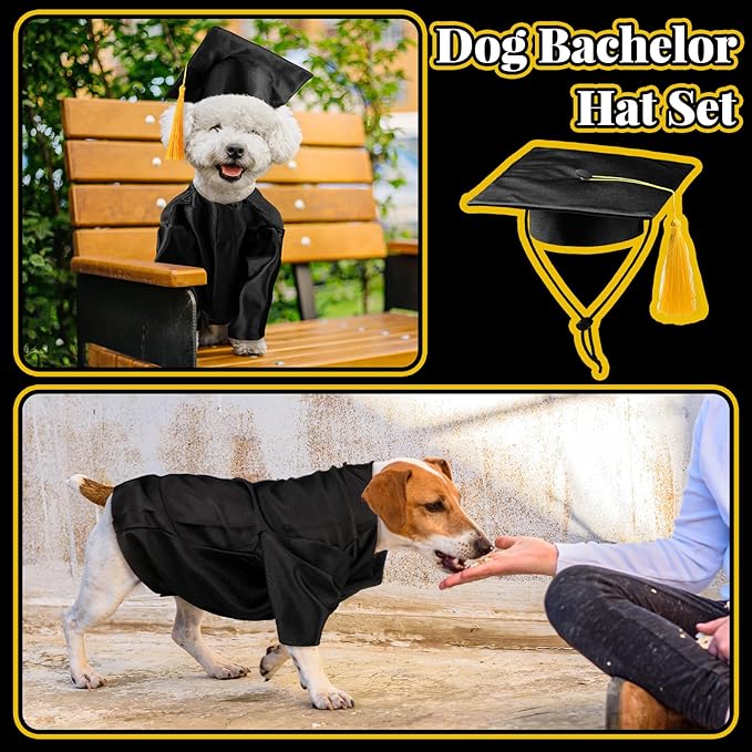 Dog Graduation Cap and Gown 2025 Washable Pet Graduation Costume for Dog Cat Shirt and hat(Black)