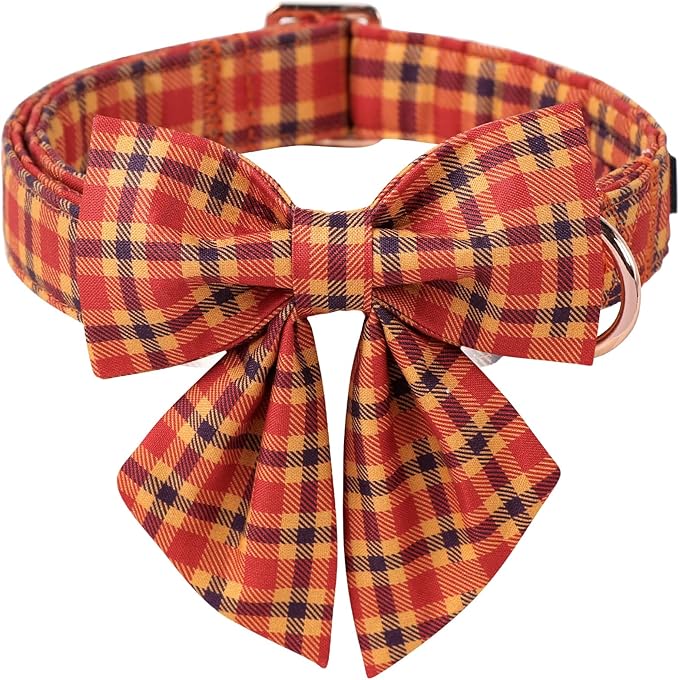 ARING PET Fall Dog Collar-Cotton Halloween Plaid Dog Collar with Bowtie, Adjustable Orange Halloween Dog Collars Pet Necklace with Metal Buckle for Girl&Boy Dogs