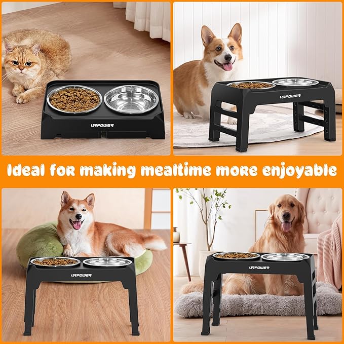 URPOWER 4 Height Adjustable Elevated Dog Bowls - 50oz Large Capacity Stainless Steel Bowls, No-Spill Edge, Non-Slip Stand for Small, Medium, Large Dogs & Pets
