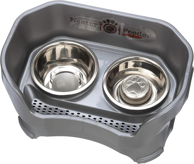 Neater Feeder Deluxe Mess Proof Dog Bowls Elevated for Medium Sized Breeds – Made in USA – No Spill Raised Slow Feeder Elevated Dog Bowl Stand, Stainless Steel Food and Water Bowl Set, Grey