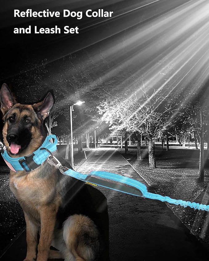 AUBELL Tactical Dog Collar and Leash Set, Adjustable Military Nylon Reflective Dog Leash and Collar with Handle and Heavy Metal Buckle for Medium Large Dogs, with Airtag Holder and 2 Patches(Blue, XL)