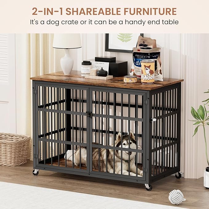 NicBex Dog Crate Furniture Dog Cage with Side Doors Opening, Dog Kennels for Inside Space, Wooden Dog Crate with Iron Doors and Lift Top for Medium and Small Dogs, Rustic Brown