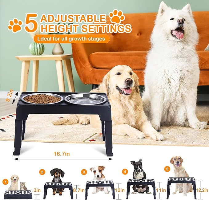 Elevated Dog Bowls, Raised Dog Bowl with 2 Stainless Steel Dog Food Bowls, Dog Bowls Stand Adjusts to 5 Heights 2.95", 8.46", 9.65", 10.82", 12.01" for Small Medium Large Dogs Cats Pets,Black