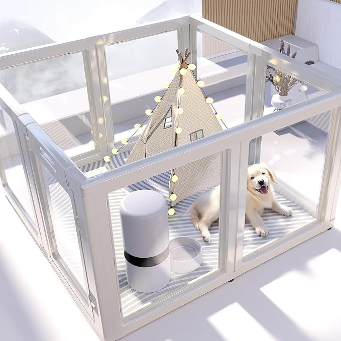 Clear Acrylic Plastic Dog Playpen Indoor,for Puppy Cat Rabbit Ferret Transparent Pet Pen,Easy Assemble Enclosure,Preferable for Small Dogs (8 Panels (White))
