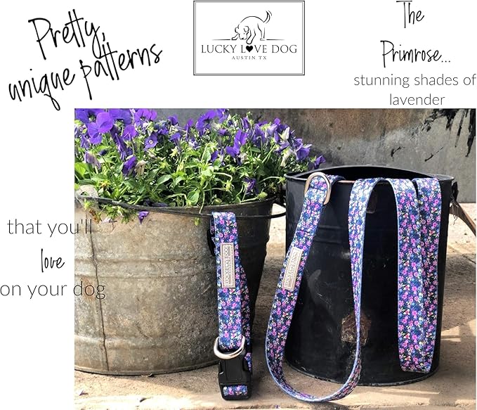 Lucky Love Dog, Comfortable, Soft, Cute Female Dog Collar for Small Dogs, Black & Purple Floral Print, Adjustable Nylon Collar, Primrose, Small