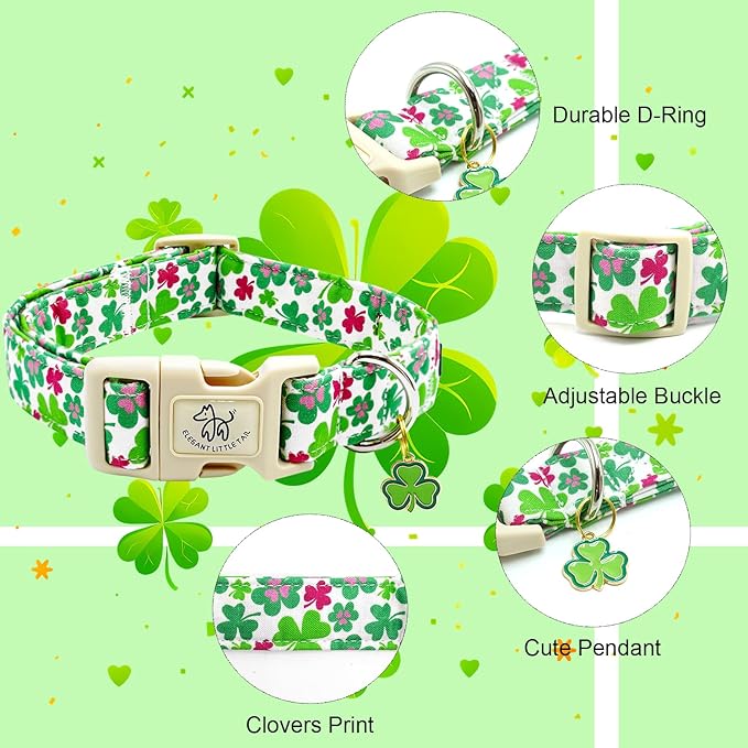 Elegant little tail St Patrick's Day Dog Collar-Green Cute Colver Cotton Shamrock Pet Collar Trefoil Holiday Adjustable Cotton Pet Collar with Quick Release Buckle for Small Medium Large Dogs