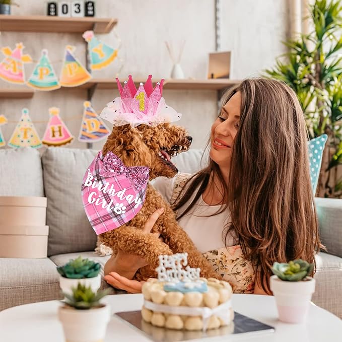 Dog Birthday Party Supplies, Multi Sizes Dog Birthday Bandana Girl Dog Birthday Hat Crown with Birthday Numbers Bow Tie for Small Dogs Pets (Pink, Small)
