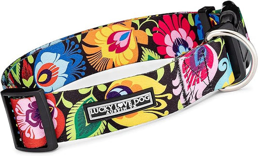 Lucky Love Dog Wide Dog Collar - Adjustable, Durable, Soft Webbing, & Comfortable 1.5 inch Wide Collar for Dogs Male and Female - in Blackbird Pattern with Strong Buckle, X-Large Size