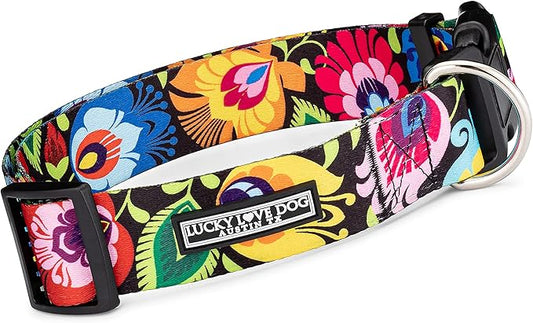 Lucky Love Dog Wide Dog Collar - Adjustable, Durable, Soft Webbing, & Comfortable 1.5 inch Wide Collar for Dogs Male and Female - in Blackbird Pattern with Strong Buckle, Large Size