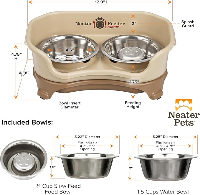 Neater Feeder Express Mess Proof Dog Bowls Elevated for Small Breed – Made in USA – No Spill Raised Slow Feeder Elevated Dog Bowl Stand, Stainless Steel Food and Water Bowl Set, Cappuccino