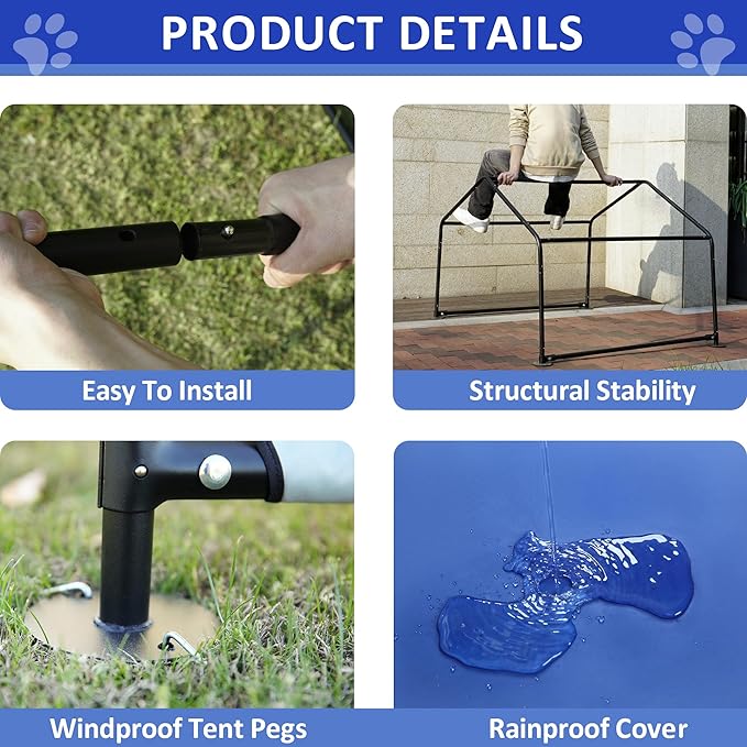 Dog Shade Shelter Outdoor Tent for Large Medium Dogs, 4'x4'x3' Outside Sun Rain Canopy Pet House for Cats Pigs Livestock with Waterproof Roof Ground Nails，Blue