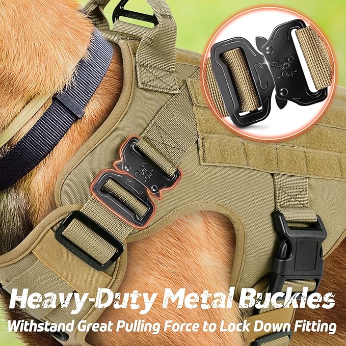 rabbitgoo Tactical Dog Harness for Large Dogs, Heavy Duty Dog Harness with Handle, No-Pull Service Dog Vest Large Breed, Adjustable Military Dog Vest Harness for Training Hunting Walking, Brown, S