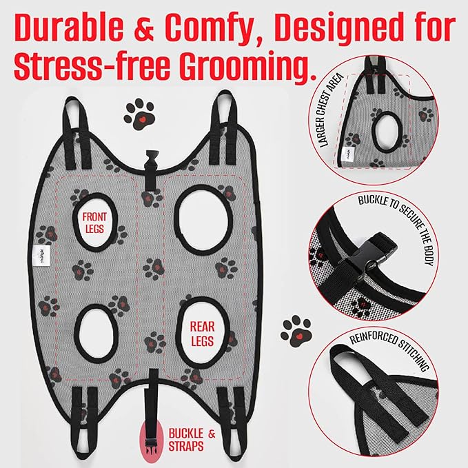 Dog Grooming Hammock for Medium Dogs – Dog Restraint for Nail Trimming with Pet Nail Clipper – Dog Sling for Grooming, Dog Hammock for Nail Cutting & Grooming Harness (Legs Spacing:11-14”)/Max W:45lb)
