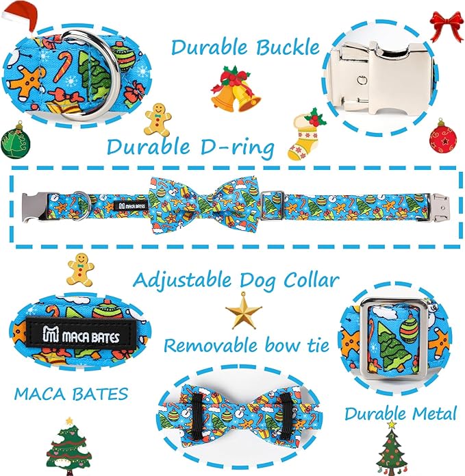 Maca Bates Christmas Dog Collar Cotton Soft Christmas Tree Dog Collar with Metal Buckle Christmas Dog Bow Tie Adjustable for Small Medium Large Dog