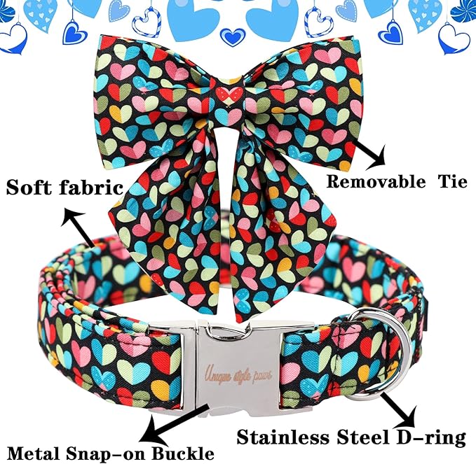 Unique Style Paws Valentine's Day Dog Collar with Bow Colorful Heart Love Dog Collars for Small Medium Large Dog New (S, Heart Bowtie)