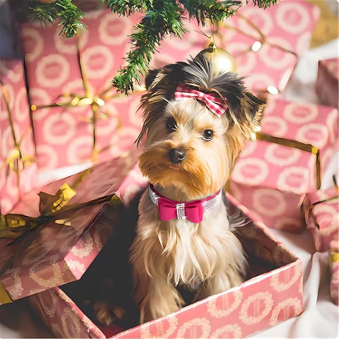 Bling Small Dog Collars for Female Dogs, Rhinestone Dog Collar with Bow tie, Crystal Jeweled Girl's Cat Collars Sparkling Glitter for XXS XS Small Dogs,Pink,S