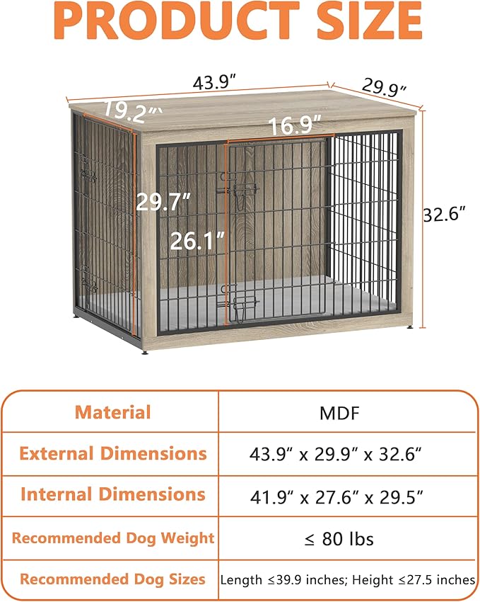 Piskyet Dog Crate Furniture with Cushion,Heavy-Duty Reinforced Metal Mesh,44" Wooden Dog Crate End Table with Double Doors,Indoor Dog Kennel,Dog Cage Side Table for Large Breed,Grey