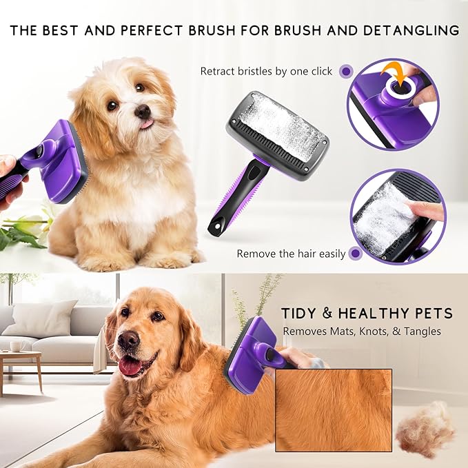 4 in 1 Pet Grooming Kit, Self Cleaning Slicker Brush for Dogs Cats & Small Animals, Dog Brush for Shedding Short Long Haired Dogs. Removes Loose Undercoat, Tangled Hair, Steam Brush