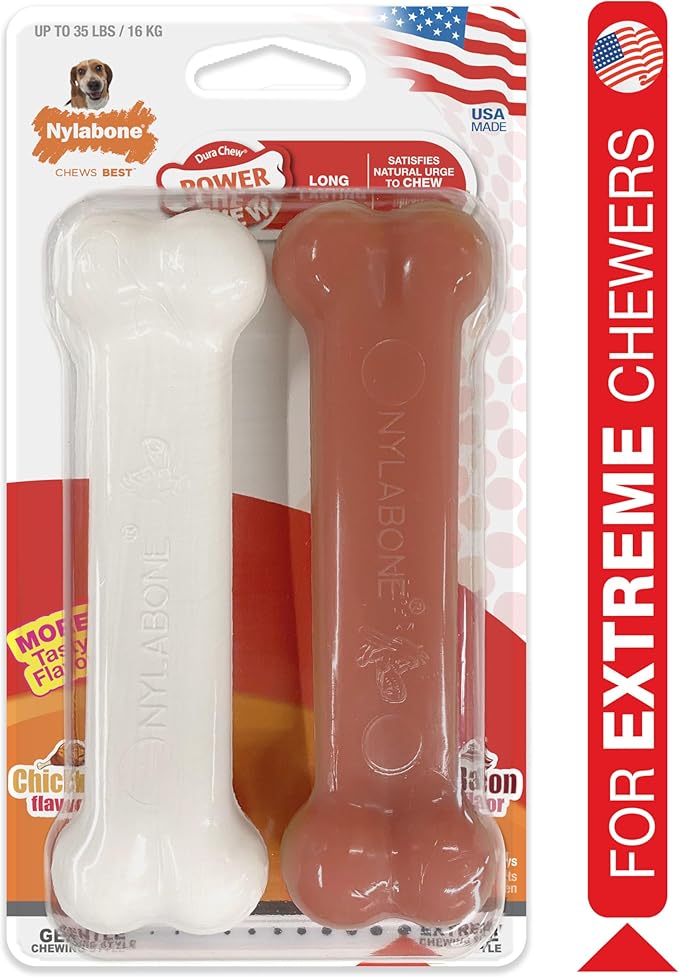 Nylabone Power Chew Classic Bone Chew Toy for Dogs, Durable Dog Toys for Aggressive Chewers, Bacon & Chicken Flavor, Medium/Wolf (2 Count)