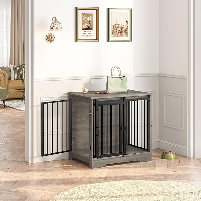 Dog Crate Furniture, 27.2" Double Door Dog Crate with Barn Door, Dog Kennel Indoor, End Side Table Wooden Dog Crate for Small Medium Dog, Anti-Chew Anti-Escape, Greige DFC84305B